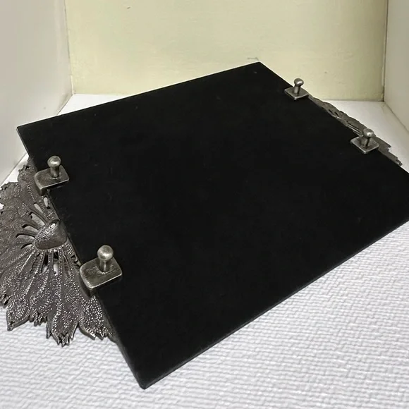 Vintage Enamel Rhinestone Pewter Peacock Mirror Vanity Tray